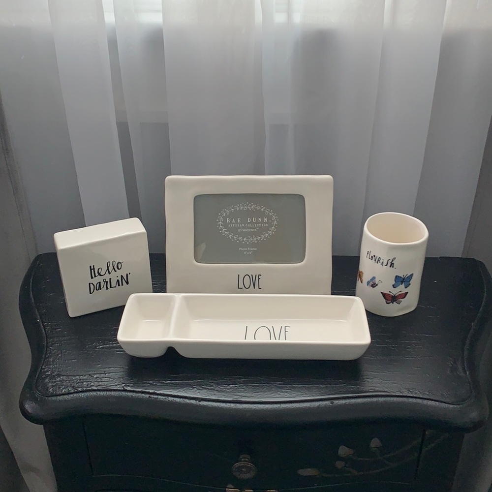 Rae Dunn desktop frame and organization